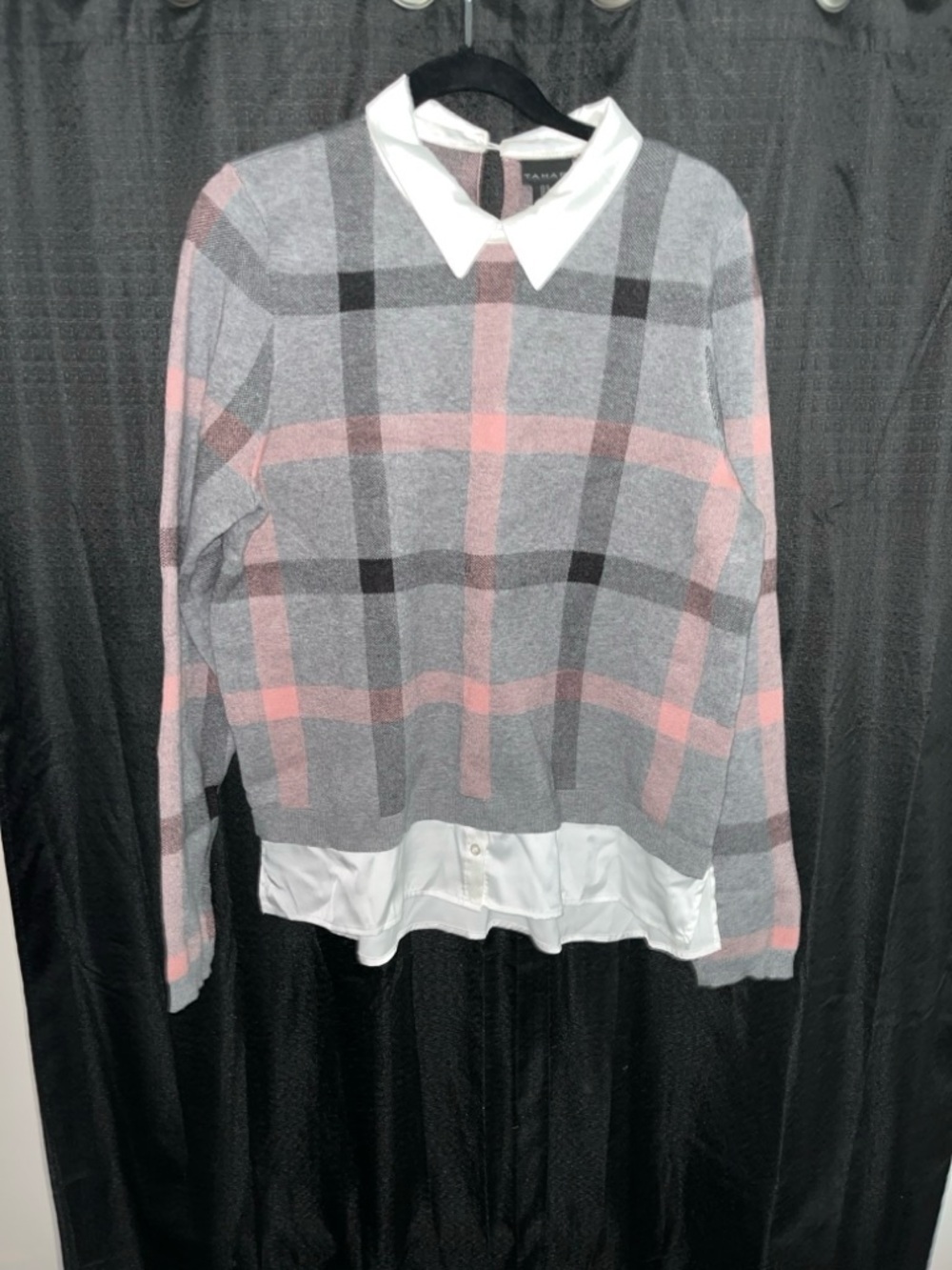 Tahari Gray and Pink Plaid Crewneck Sweater with Faux White Collar